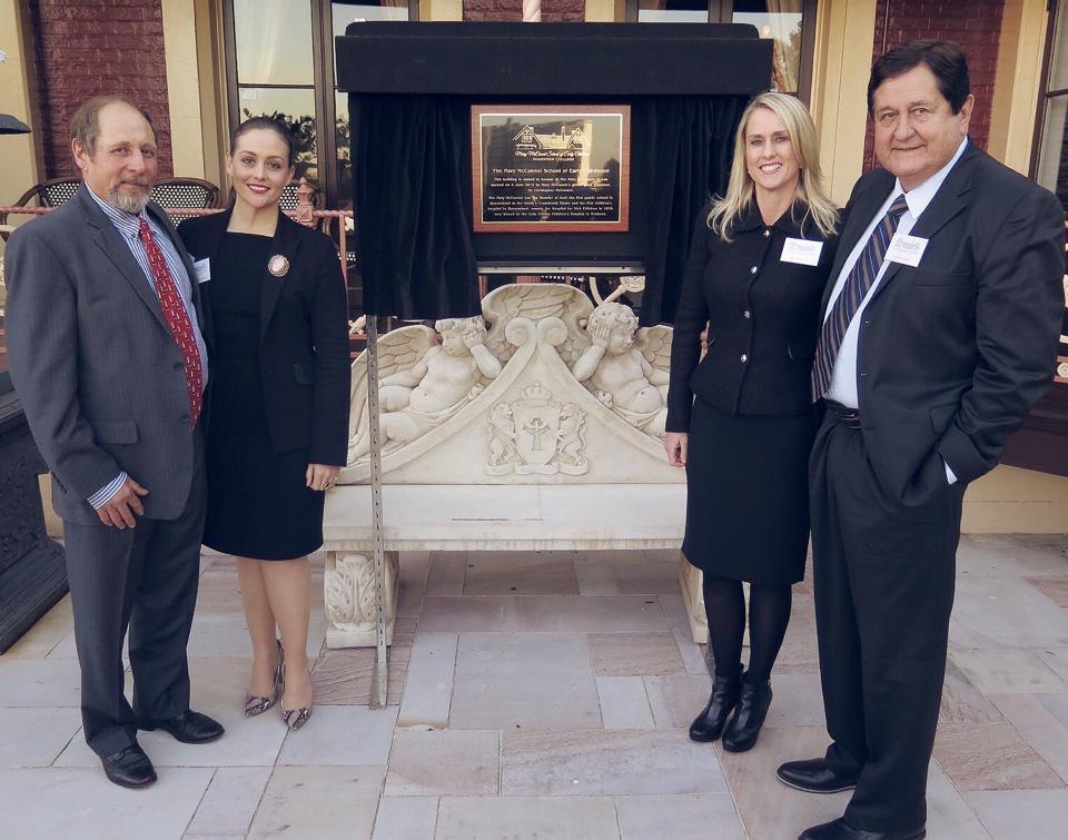 Father-daughter teams with the Mary McConnel School of Early Childhood plaque. L-R: Christopher McConnel & Caitlin McConnel of “Cressbrook” Station with Melita Lloyd (CEO of Shafston International College) & Keith Lloyd.Photo courtesy of Shafston International College